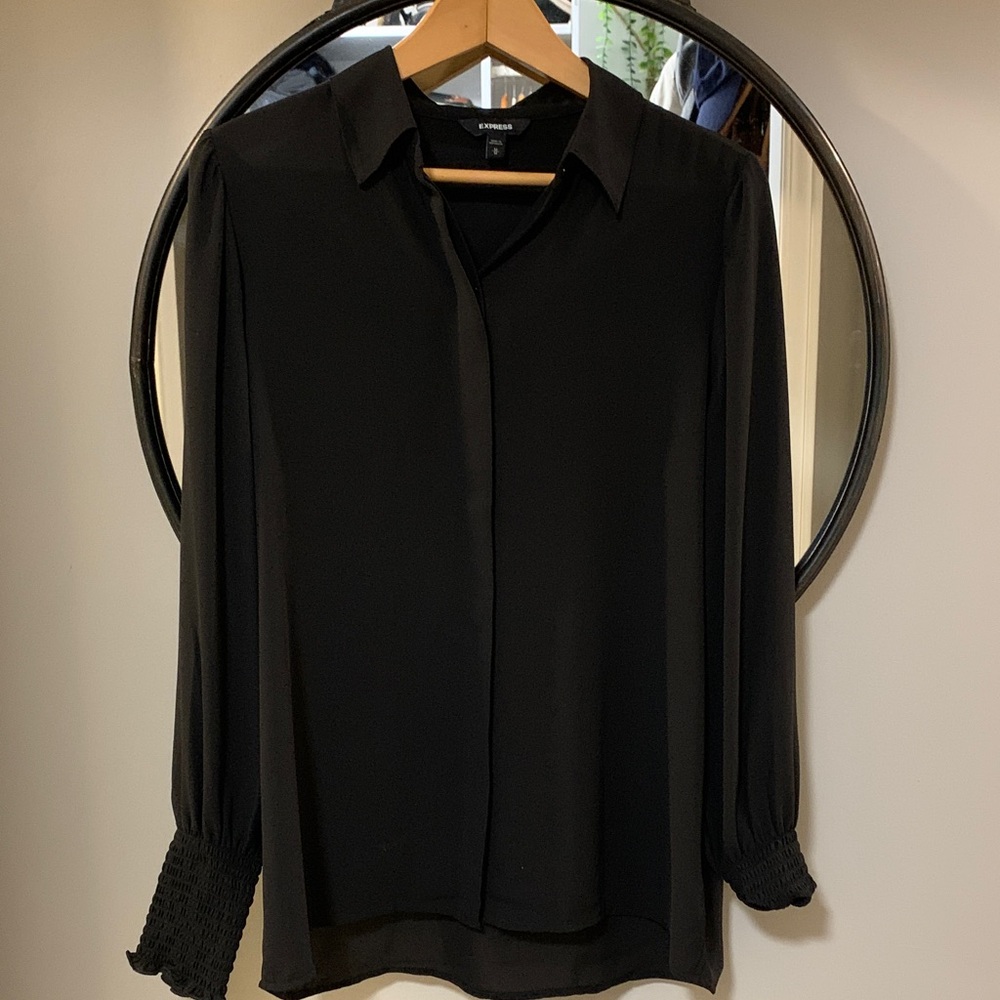 Express Black Long-Sleeve Button-Front Blouse with Smocked Cuffs